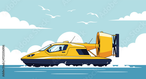 A yellow hovercraft glides across the blue ocean under a sunny sky with clouds and birds.