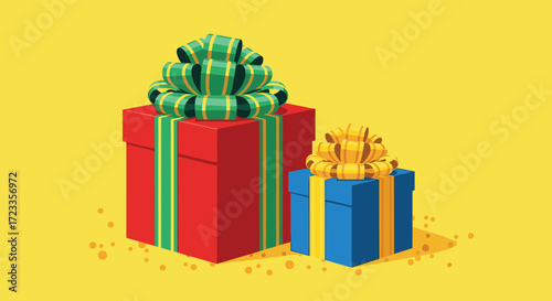 Two colorful gift boxes with ribbon bows sit on a yellow background.