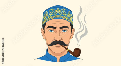 A man wearing a blue patterned hat and smoking a pipe with smoke coming out of it.