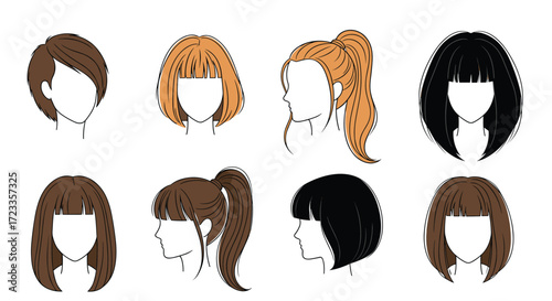 A collection of various hairstyles for women including bobs ponytails and bangs.