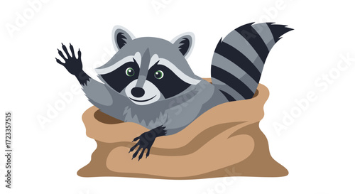 A friendly raccoon waves hello from a burlap sack full of treasures.