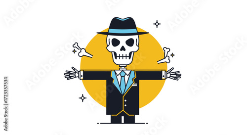 A stylish skeleton wearing a suit and hat with floating bones.