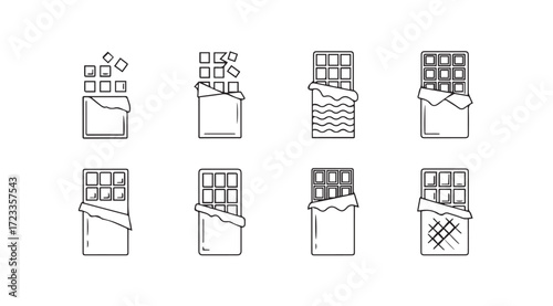 Collection of hand drawn chocolate bar silhouettes in various wrapper styles