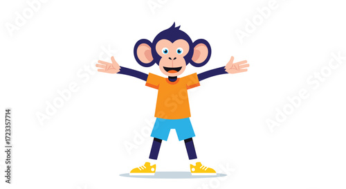A playful cartoon monkey with big ears wearing an orange shirt and blue shorts is happily jumping with outstretched arms and legs.