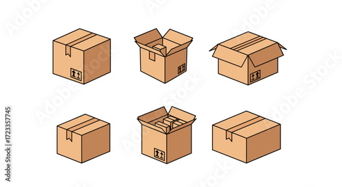 A collection of various cardboard boxes in different states of openness and sizes.