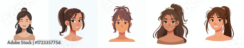 Vector avatar of a young woman's face with ponytail, tanned skin, cheerful expression
