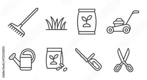 Outline icons of gardening tools and supplies on green background
