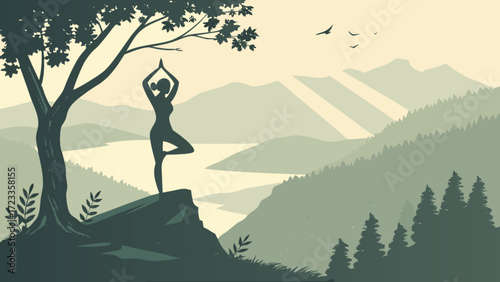 Yoga pose silhouette on mountain top scenic landscape nature meditation wellness retreat peaceful zen scene
