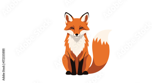 An adorable orange fox sits patiently looking forward with its bushy tail curled.