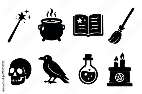 Witchcraft symbols: magic wand, cauldron, spellbook, broom, skull, raven, potion, pentagram candles