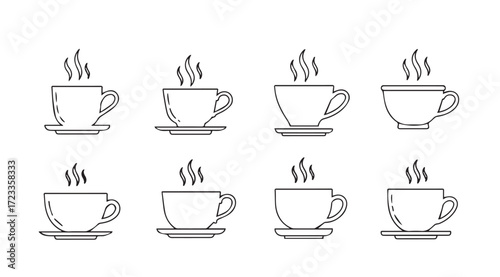 Collection of eight steaming coffee cups and saucers in a simple line art silhouette
