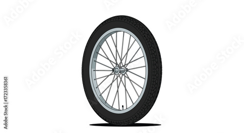 A close up view of a bicycle wheel with spokes and a black tire.