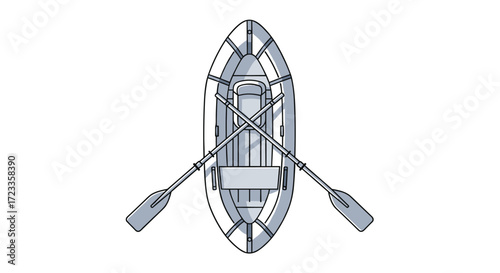 An overhead view of an inflatable dinghy with oars resting across it.
