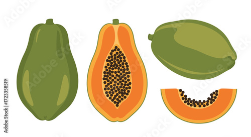 Fresh ripe papaya fruit whole cut and sliced with seeds isolated on white background.