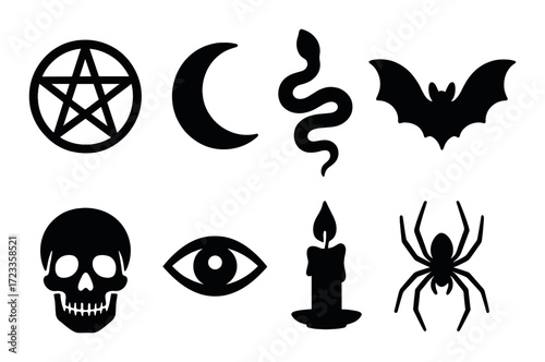 Dark silhouettes of occult symbols including pentagram and crescent moon