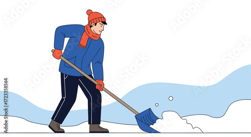A person shoveling snow on a cold winter day while dressed warmly for the weather.