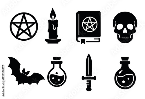 Mystical symbols: pentagram, candle, book, skull, bat, potion, and dagger silhouettes