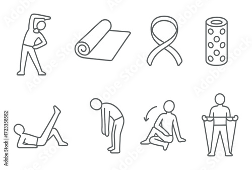 Silhouettes of exercise equipment and stretches in fitness routine concept