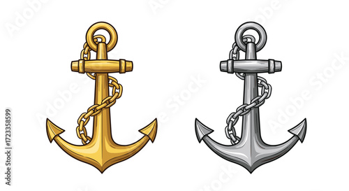 A pair of anchors one gold and one silver with chains in a detailed illustration.