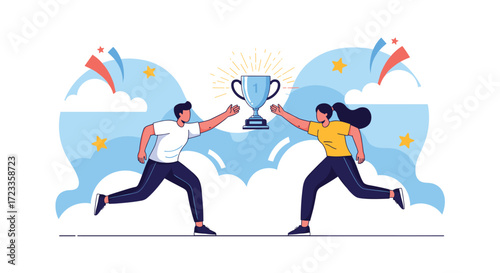 Two people reaching for a trophy in a celebratory scene.