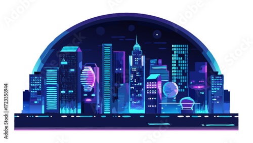 Neon city skyline illustration of futuristic urban cityscape at night digital art style vector design