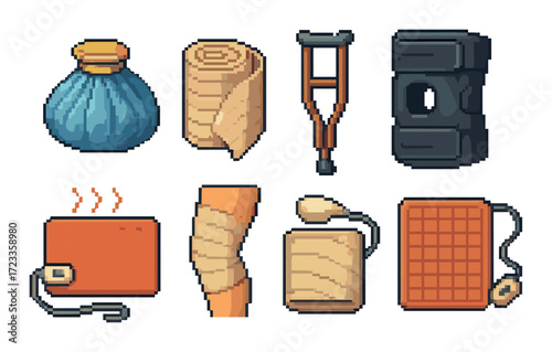 Pixel art medical supplies: crutches, bandages, hot packs, ice bag, cast