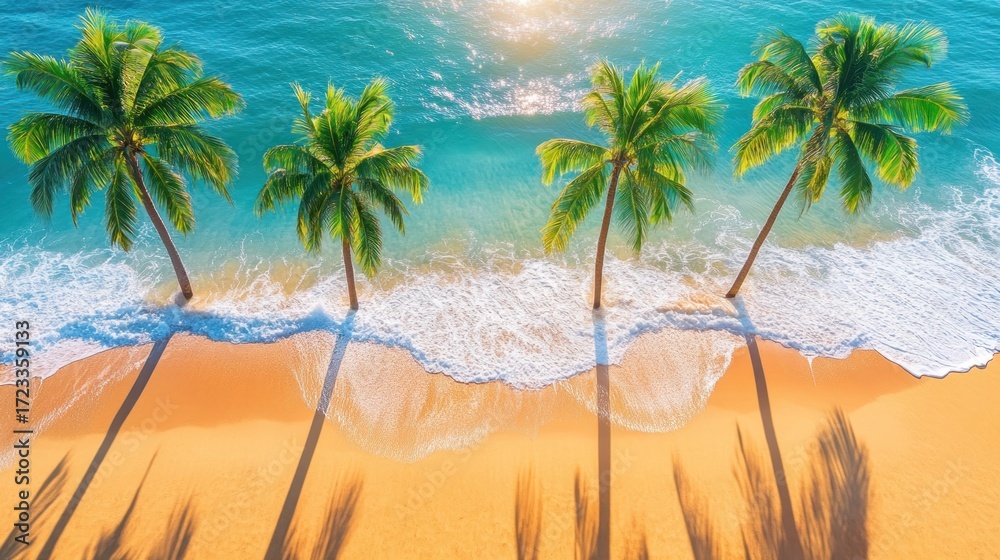 Obraz premium Aerial view of a tropical beach with palm trees. Ocean waves gently lap on the golden sand. Sunlight filters through the atmosphere