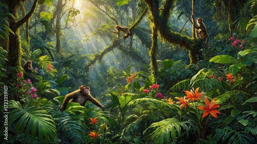 Vibrant jungle scene with monkeys interacting among lush greenery and colorful flowers under sunlight