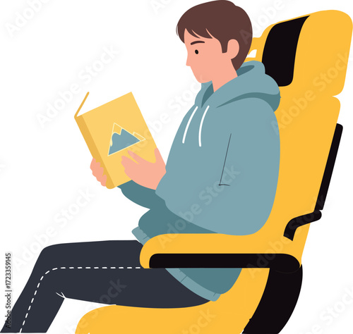 Young person reading book on yellow seat vector