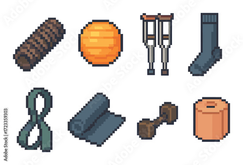 Pixel art fitness equipment icons: rope, ball, crutches, sock, band, mat, dumbbell, tape