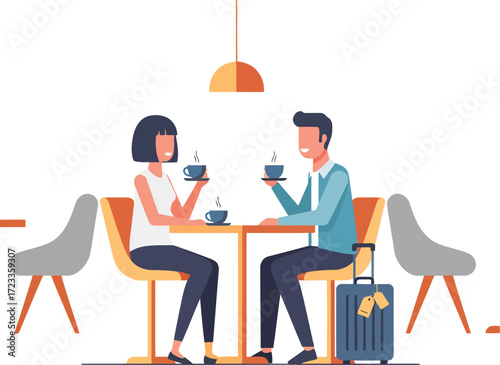 Couple drinking coffee at cafe with luggage travel