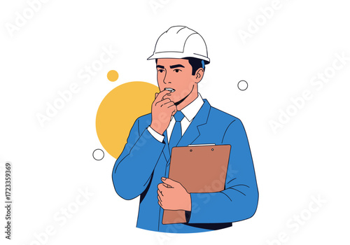 Engineer in hard hat holding clipboard thinking about project.