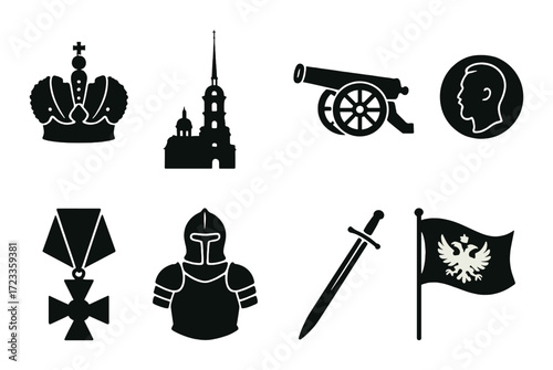 Silhouettes of historical icons: crown, cathedral, cannon, and more