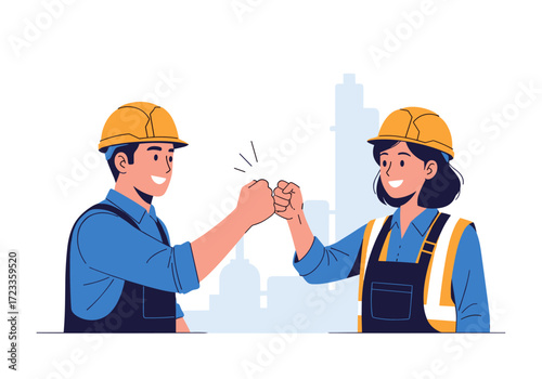 Construction workers giving a fist bump celebrating success.