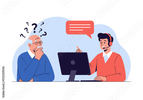 Elderly man confused by computer help from young man.