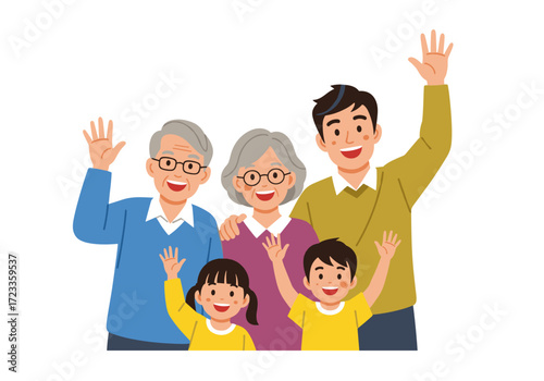 Happy Family Waving Hello Together Isolated White Background.