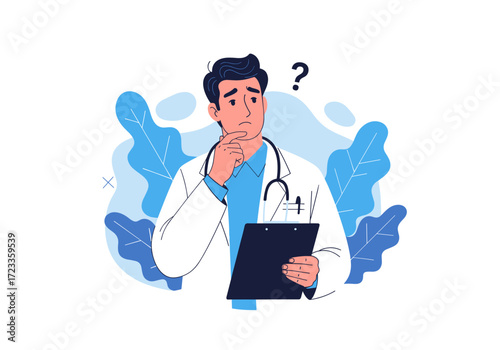 Doctor thinking with a question mark above his head holding a clipboard.