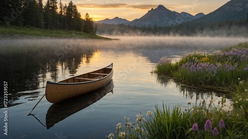 Serene canoe floating on misty lake at sunrise, surrounded by vibrant wildflowers and mountains