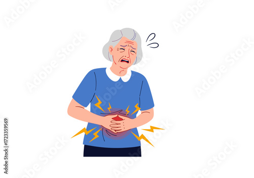 Elderly Woman Suffering From Severe Stomach Pain And Discomfort.