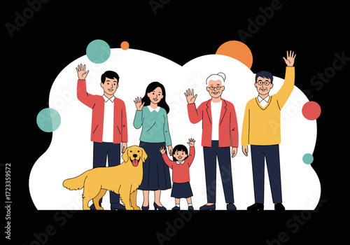 Happy Family and Dog Waving Together.
