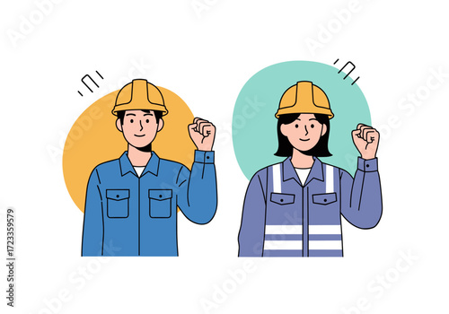 Two construction workers celebrating success with raised fists.