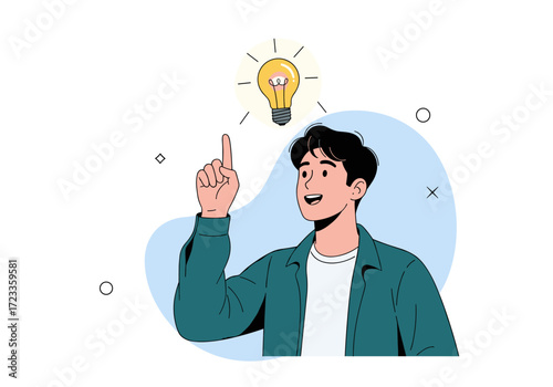 Young man has a brilliant idea with a lightbulb above his head.