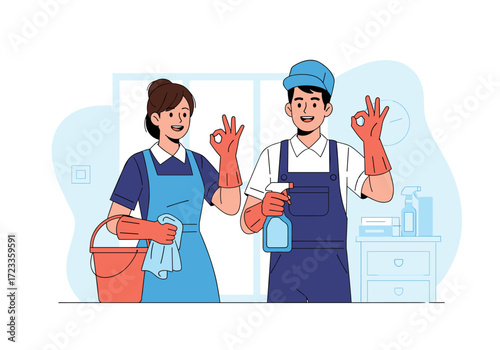 Professional cleaning service team giving ok gesture.