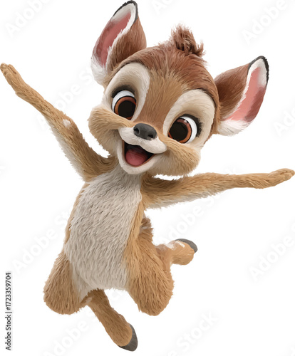 3d cartoon of a happy baby antelope jumping in the air with arms outstretched to either side, against a white background. the antelope has adorable eyes and is designed
