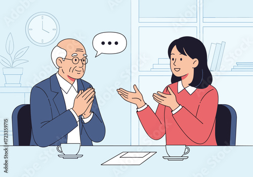 Two people having a discussion at a table.
