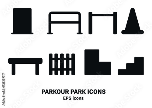 Silhouette icons of parkour equipment against gradient background