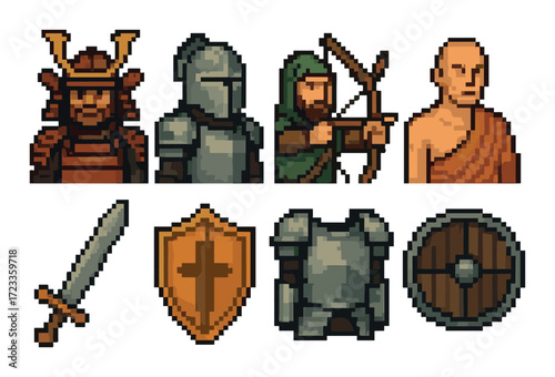 Pixel art medieval warriors and weapons collection
