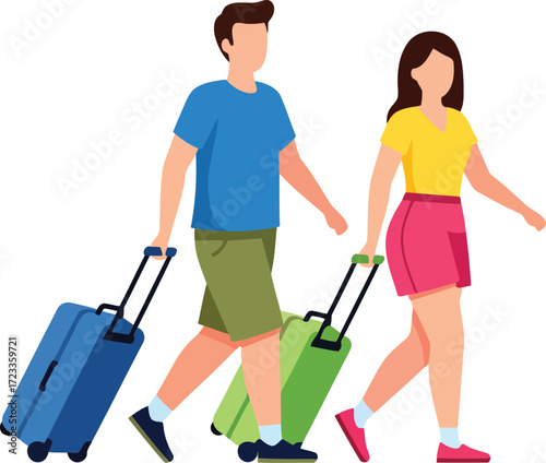 Couple walking with luggage suitcases travel vector