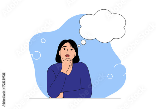 Woman thinking with a thought bubble above her head.