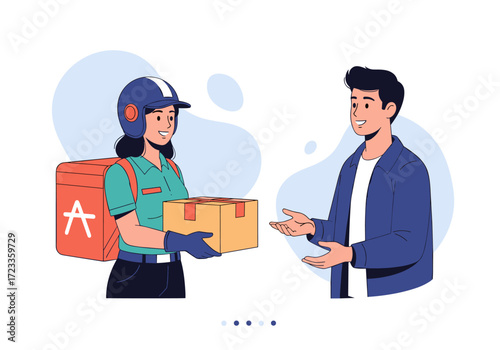 Delivery person handing package to customer illustration.